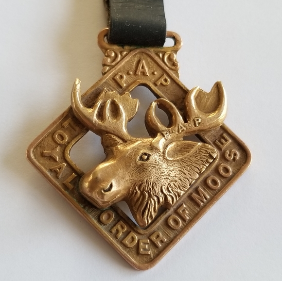 Vintage Loyal Order of Moose watch strap and fob charm L.O.O.M. PAP gold tone - Picture 1 of 12